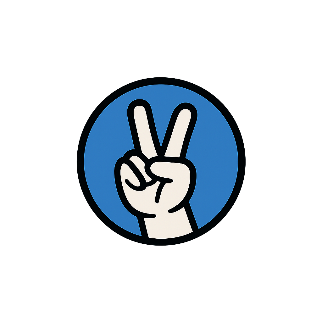 circle with a blue background and a hand making a scissor image