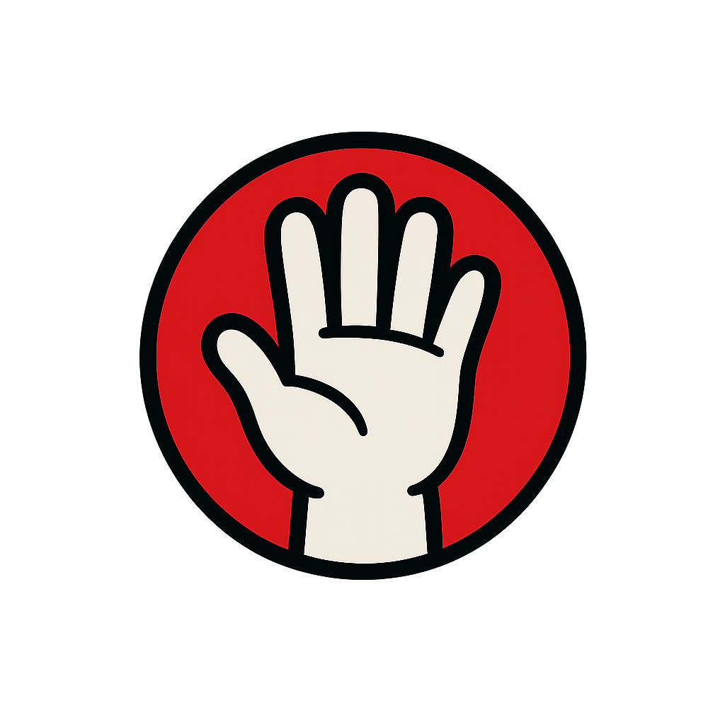 Circle with a red backgrond and a opened hand image